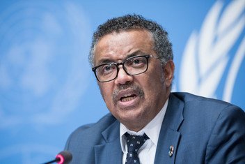 世界卫生组织（世卫组织）总干事谭德塞（Tedros Adhanom Ghebreyesus）在日内瓦万国宫举行新闻发布会上。（资料图片）