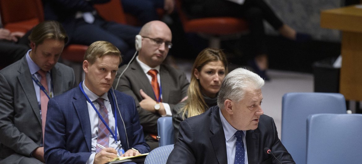 Постоянный представитель Украины при ООН В.Ельченко на заседании Совета Безопасности ООН. 