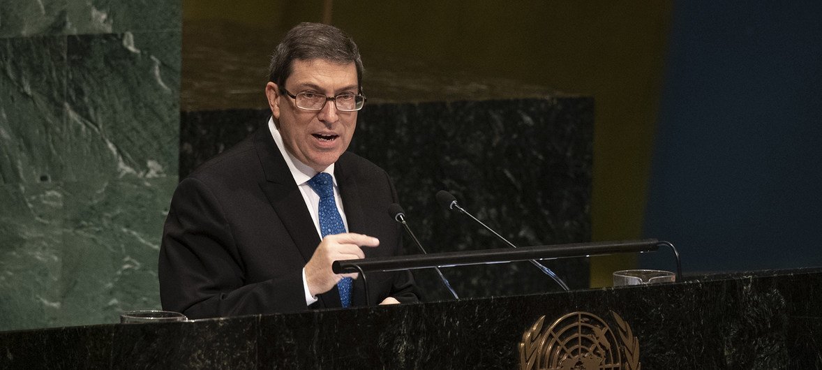 Bruno Eduardo Rodríguez Parrilla, Ministre des affaires étrangères de Cuba, s'exprime lors de la réunion de l'Assemblée générale sur la nécessité de lever le blocus économique, commercial et financier imposé à Cuba par les États-Unis.