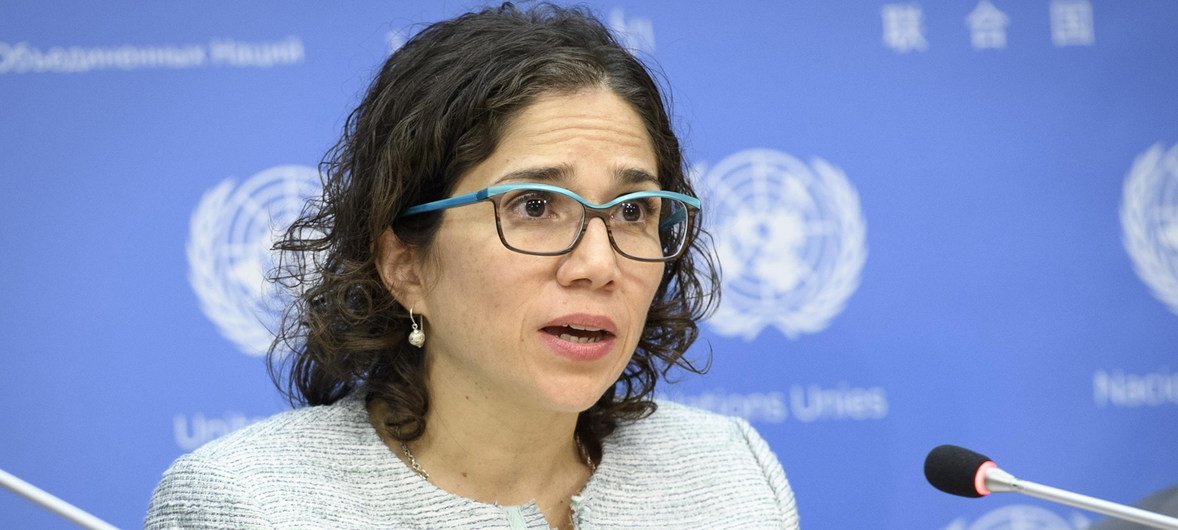 Catalina Devandas Aguilar, Relatora Especial sobre los Derechos de las Personas con Discapacidad, durante una rueda de prensa en la sede de la ONU.