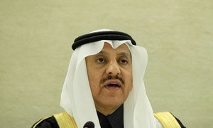 Le Président de la Commission des droits de l’homme d’Arabie saoudite et chef de la délégation du pays, Bandar bin Mohammed Al-Aiban, à la 31 e session de l’examen périodique universel à Genève, en Suisse. 5 novembre 2018.