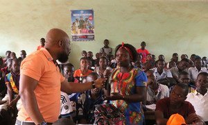 Staff members serving with the United Nations Multidimensional Integrated Stabilization Mission in the Central African Republic (MINUSCA) organizes a student awareness campaign on sexual exploitation and abuse in Bangui.  24 January 2018.