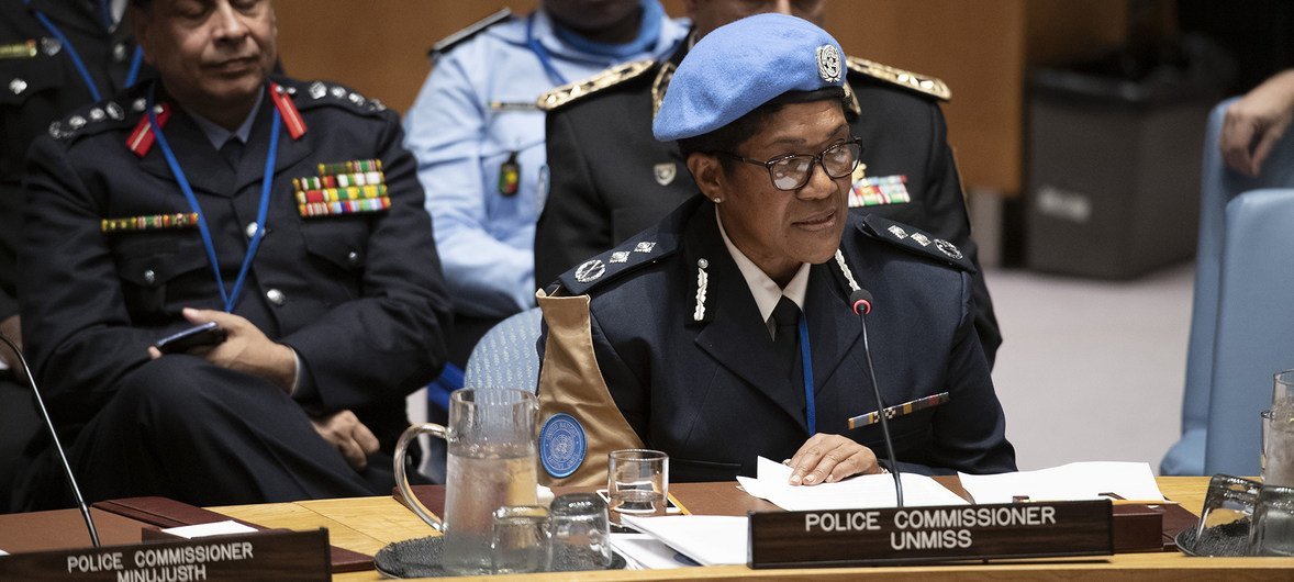 UNMISS Police Commissioner, Unaisi Bolatolu-Vuniwaqa (right), addressing the Security Council meeting on United Nations peacekeeping operations. 6 November 2018.
