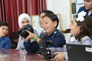 UNRWA students during an interview with UN News at Ar Rimal Preparatory Girls School A in Gaza.