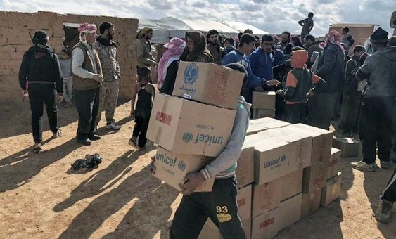 TOO SMALL FOR MAIN PHOTO --->UNICEF humanitarian supplies are distributed in Rukban camp, southeast Syria near the Jordanian border. November 2018