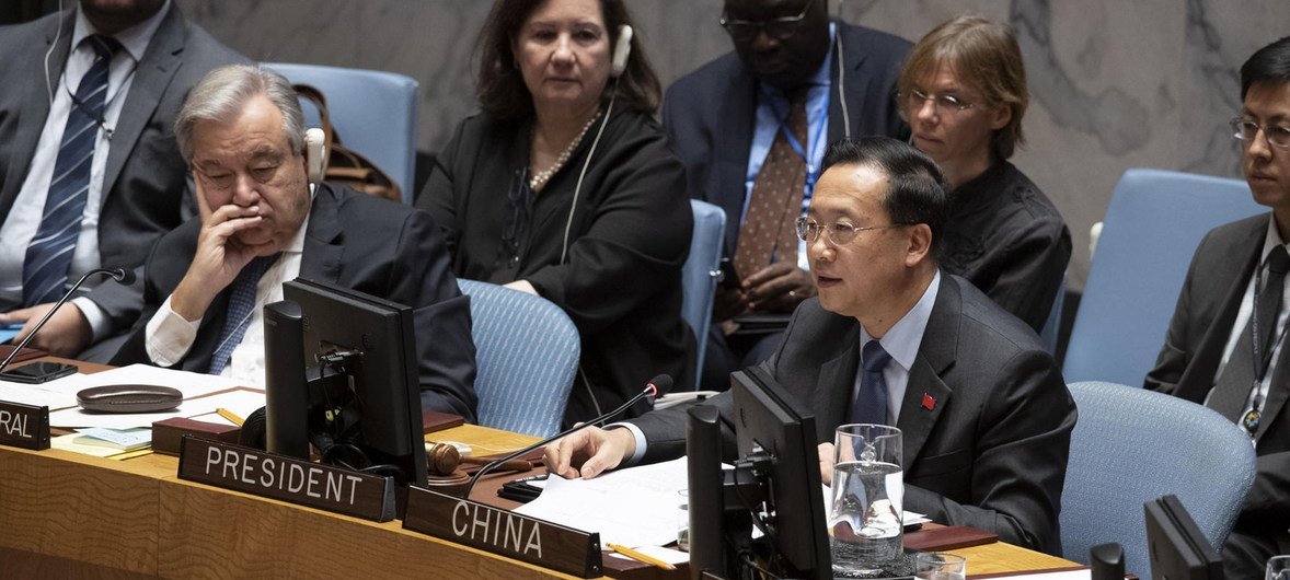 安理会本月轮值主席、中国常驻联合国代表马朝旭在安理会有关多边主义的公开辩论中发言。