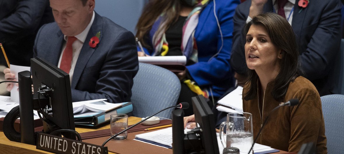 美国常驻联合国代表黑莉在安理会有关多边主义的公开辩论中发言。
