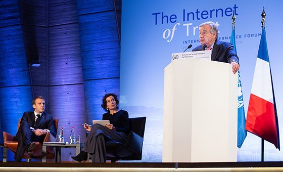 UN Secretary-General António Guterres (r) addressing the Internet Governance Forum (IGF) in Paris, France, on 12 November 2018. With him on stage are President Emmanuel Macron of France (l) and UNESCO Director-General Audrey Azoulay. UN Secretary-General António Guterres (r) addressing the Internet Governance Forum (IGF) in Paris, France, on 12 November 2018. With him on stage are President Emmanuel Macron of France (l) and UNESCO Director-General Audrey Azoulay.