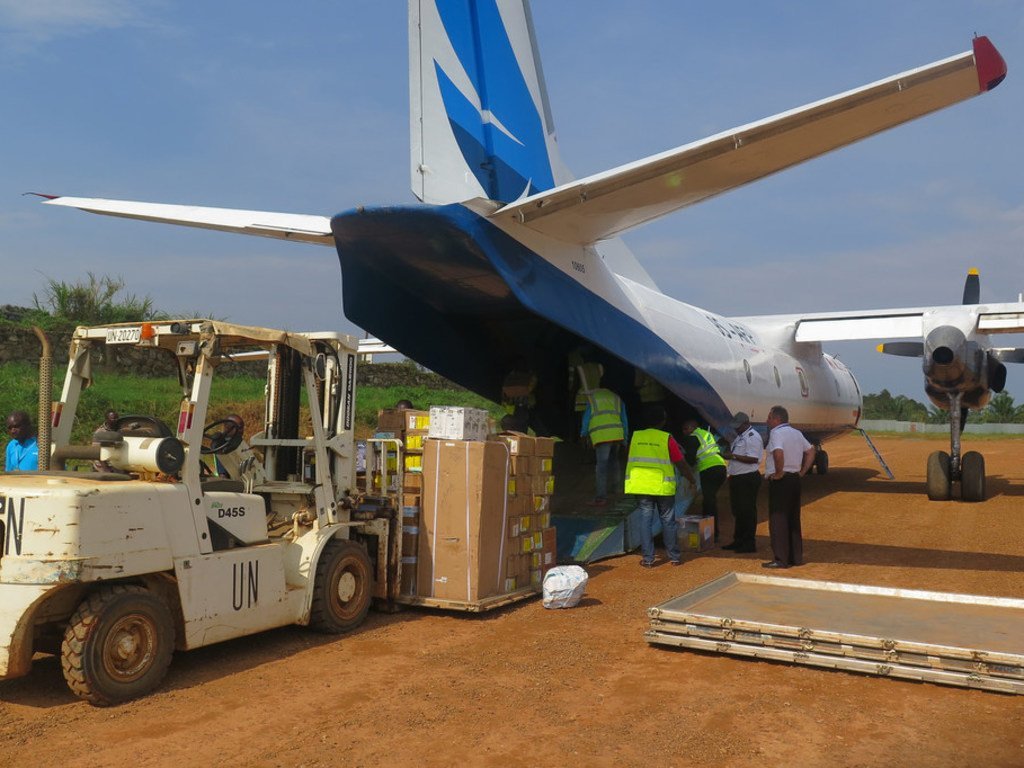 In Beni, north-eastern DRC, MONUSCO staff unload medical supplies and logistics from an aircraft, for use in the response against the Ebola outbreak in the region. Alongside the response to the disease, the country prepares to hold parliamentary elections