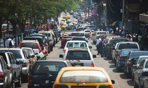 Vehicles get caught in a traffic jam in the centre of Monrovia, Liberia. (January 2018)
