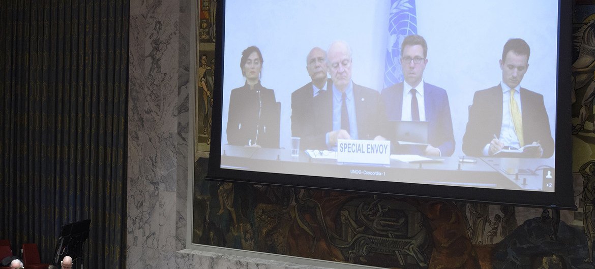 Стаффан де Мистура проводит брифинг для членов Совета Безопасности ООН по видеосвязи