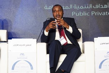 البروفيسور إبراهيم الدخيري المدير العام للمنظمة العربية للتنمية الزراعية خلال حديثه في إحدى جلسات المؤتمر المصرفي العربي في بيروت 2018.