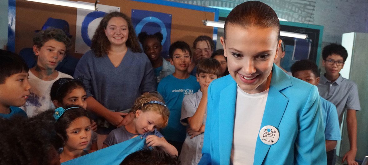 La militante de l'UNICEF Millie Bobby Brown à New York sur le tournage d'une vidéo produite pour la Journée mondiale de l'enfance 2018.