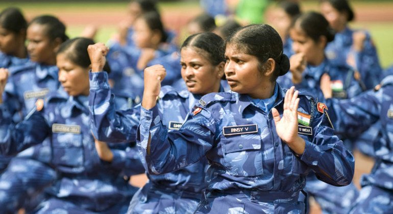 Women officers of the Formed Police Unit of the Indian contingent of the United Nations Mission in Liberia (UNMIL) participate in a medal parade held in honour of their service in 2008.