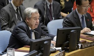 Le Secrétaire général de l'ONU, António Guterres, lors d'un débat au Conseil de sécurité.