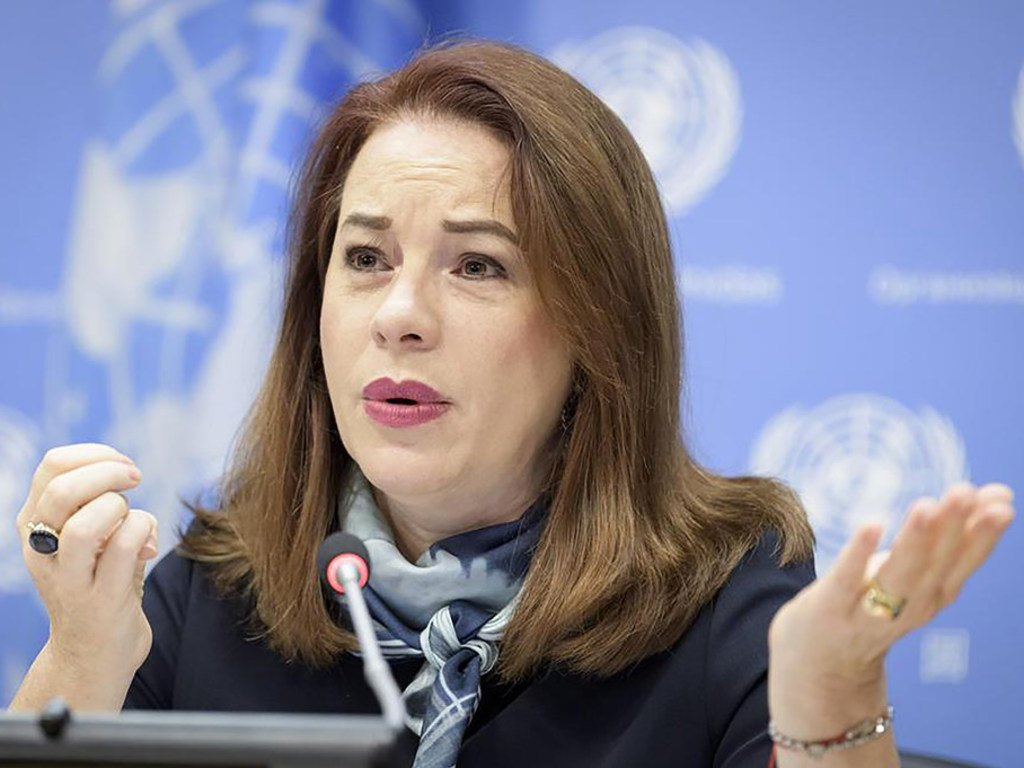 La Présidente de l'Assemblée générale des Nations Unies,María Fernanda Espinosa lors d'une conférence de presse au siège de l’ONU à New York
