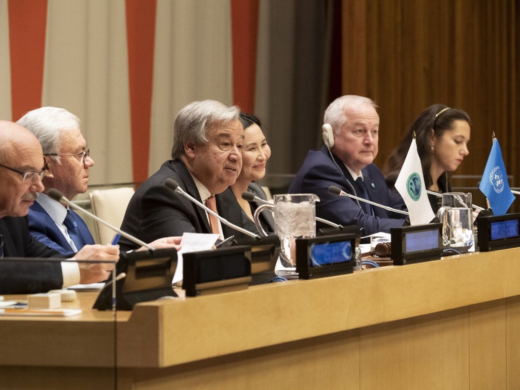 联合国秘书长古特雷斯在纽约总部举行的联合国与上海合作组织高级别会议上发表讲话。