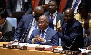 L’Ambassadeur Kacou Houadja Léon Adom, Représentant permanent de la Côte d’Ivoire à l'ONU lors d'une réunion du Conseil de sécurité sur la situation en République centrafricaine en juillet 2018