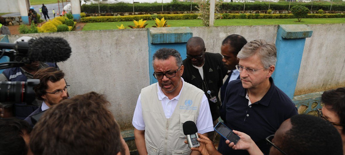  Subsecretário-geral para as Operações de Manutenção de Paz, Jean-Pierre Lacroix, e diretor-geral da Organização Mundial da Saúde, OMS, Tedros Ghebreyesus, falam a jornalistas na RD Congo