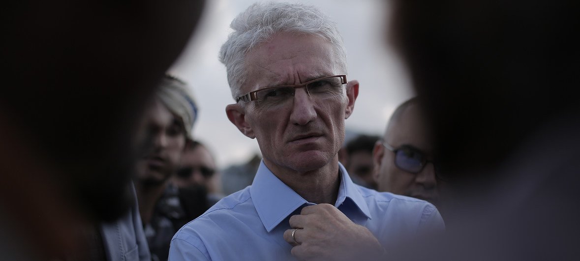 The UN Humanitarian Affairs and Emergency Relief Coordinator Mark Lowcock  in a camp for displaced people in  Sana’a, Yemen on 29 November 2018.