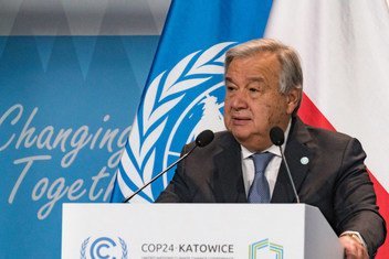 United Nations Secretary-General António Guterres addressing the High-Level session of the Katowice Climate Change Conference, COP24, on 3 December 2018.