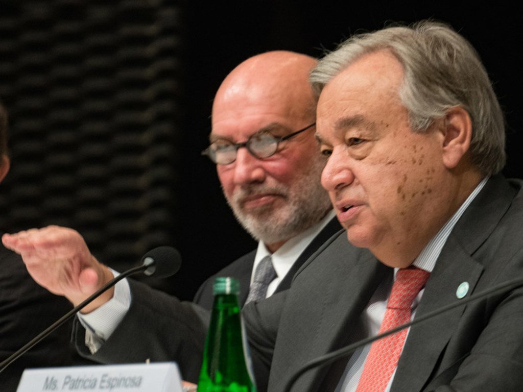 United Nations Secretary-General António Guterres briefing on the 2019 Climate summit at COP24 in Katowice, Poland.  4 December 2018.  To his left is Special Envoy for 2019 Climate Summit, Luis Alfonso de Alba.