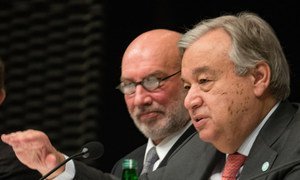 United Nations Secretary-General António Guterres briefing on the 2019 Climate summit at COP24 in Katowice, Poland.  4 December 2018.  To his left is Special Envoy for 2019 Climate Summit, Luis Alfonso de Alba.