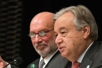 United Nations Secretary-General António Guterres briefing on the 2019 Climate summit at COP24 in Katowice, Poland.  4 December 2018.  To his left is Special Envoy for 2019 Climate Summit, Luis Alfonso de Alba.