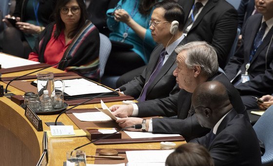 Secretary-General António Guterres (centre) briefs the Security Council on cooperation between the United Nations and regional and subregional organizations in maintaining international peace and security, 6 December 20108.