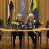 Special Envoy Martin Griffiths (2nd right) speaks at a press conference in Sweden, alongside Swedish Foreign Minister, Margot Wallström (2nd left).