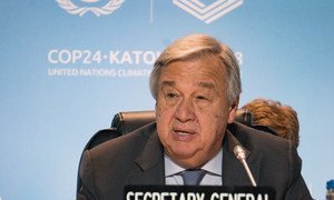 Le Secrétaire général de l'ONU, António Guterres, à la Conférence sur le climat à Katowice, en Pologne.