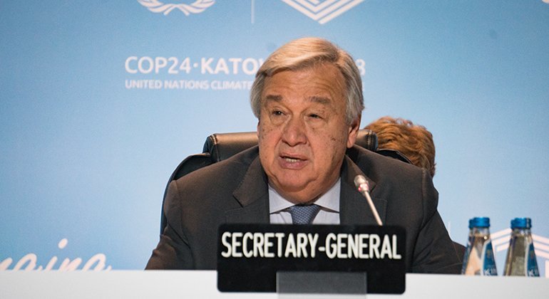 联合国秘书长安东尼奥·古特雷斯出席在波兰卡托维兹举行的<联合国气候变化框架公约》第24次缔约方会议。（2018年12月12日）