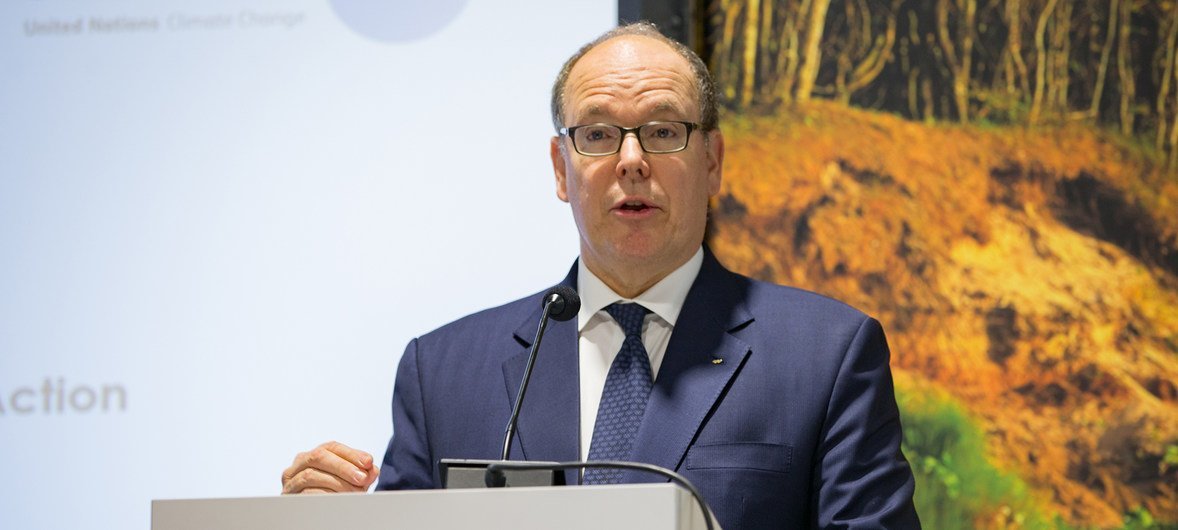 Prince Albert II of Monaco, chair of the IOC Sustainability and Legacy Commission, speaking at the launch of the Sports Climate Action Framework at the COP24 climate action conference in Katowice, Poland.  11 December 2018.