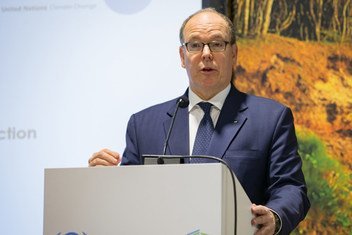 Prince Albert II of Monaco, chair of the IOC Sustainability and Legacy Commission, speaking at the launch of the Sports Climate Action Framework at the COP24 climate action conference in Katowice, Poland.  11 December 2018.