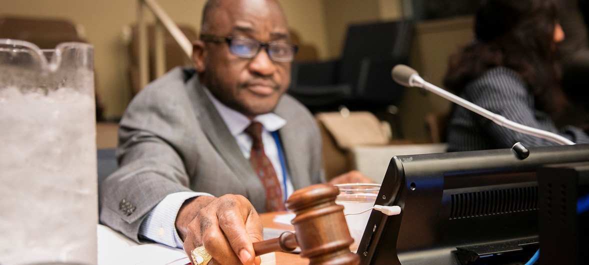 Dee Maxwell Saah Kemayah of Liberia, Chair of the Fourth Committee, convenes a discussion during a formal meeting in October, 2018.