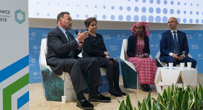 Actor and former California Governor Arnold Schwartzenegger, the head of the UN climate change convention, Patricia Espinosa, the representative of an indigenous community in the Sahel, Hindou Ibrahim and COP24 President, Michał Kurtyka take to the stage