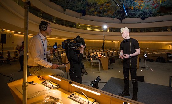 Rapper and activist RobenX (right), during an interview with UN News’s Daniel Johnson (left), ahead of a performance to commemorate Human Rights Day at the United Nations Office in Geneva.  12 Dec 2018.