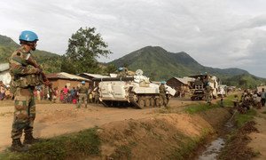 Indian peacekeepers from the UN peacekeeping mission in the Democratic Republic of the Congo, MONUSCO, patrol in Kashugu in North Kivu in the far east of the country, to reassure locals of their security in the pre-election period.  1 December 2018.
