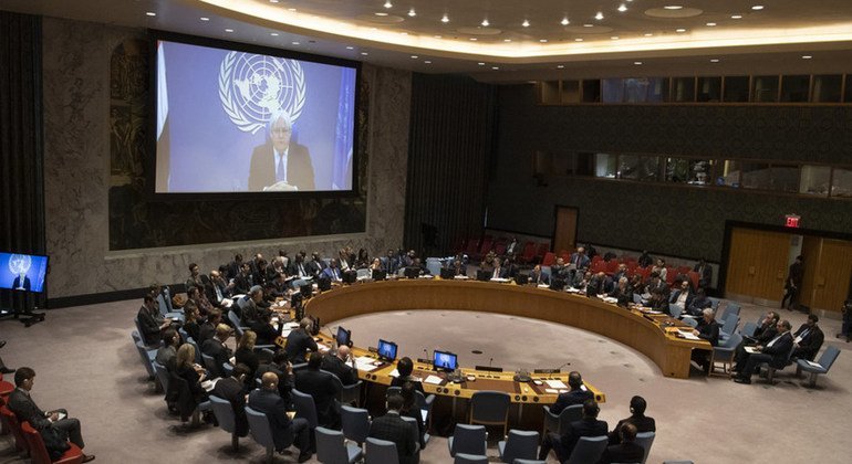 El enviado especial del Secretario General para Yemen, Martin Griffiths, informa al Consejo de Seguridad por videoconferencia el 14 de diciembre de 2018