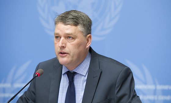 Hervé Verhoosel, World Food Programme (WFP) Spokesperson, briefs the press at the United Nations Office at Geneva on 7 September 2018.