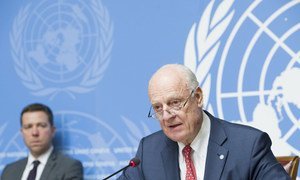 Staffan de Mistura, United Nations Special Envoy for Syria, briefs the press after the Joint Meeting on Syria, at the Palais des Nations, Geneva. 18 December 2018.