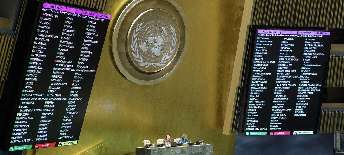 تصويت الجمعية العامة لاعتماد الاتفاق العالمي للهجرة الآمنة والمنظمة والنظامية، والذي سيعرف أيضا باتفاق مراكش العالمي للهجرة. 152 في صالح ، 5 ضد ، 12 عضو ممتنع. 19 ديسمبر 2018.