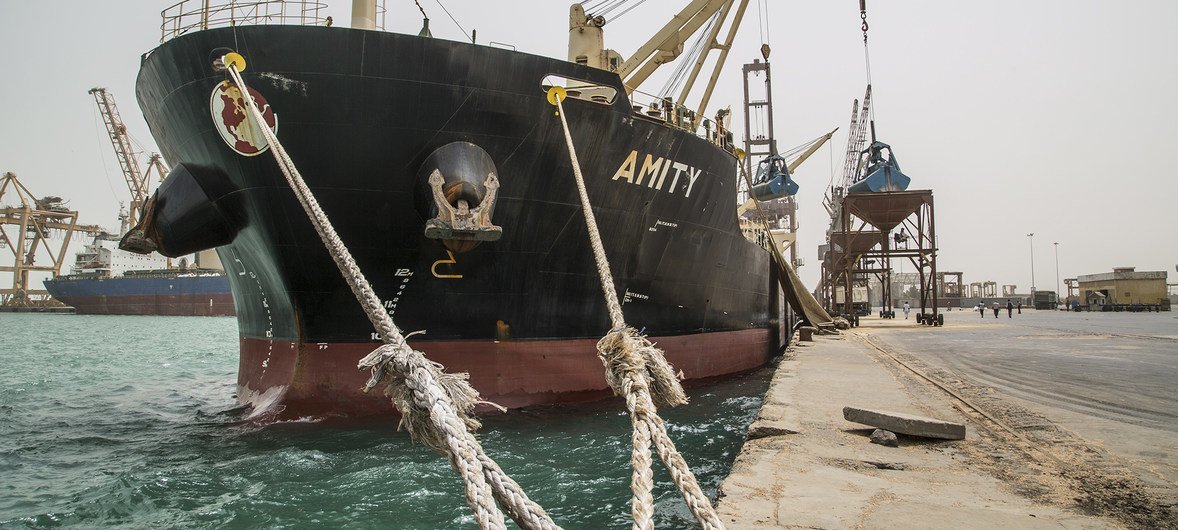 The Amity vessel in the Hudaydah port.  The port of Hudaydah is Yemen's lifeline and the only way that food and fuel get into the country. 26 July 2018.