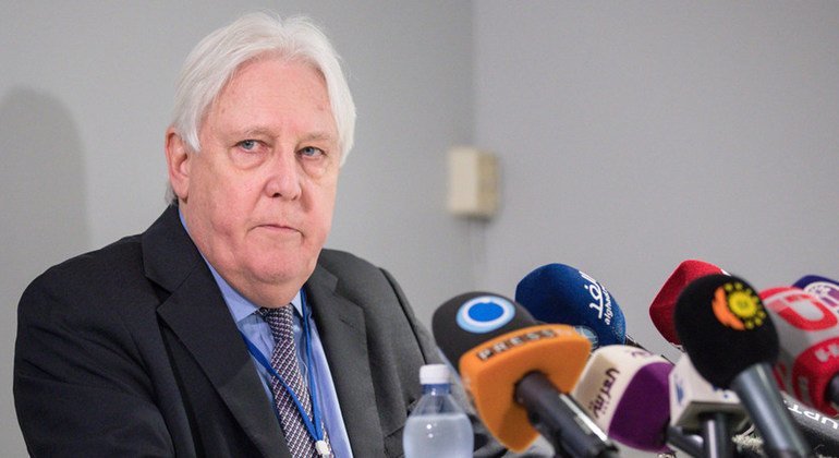 Martin Griffiths, Special Envoy of the Secretary-General for Yemen, briefs the press at the Yemen political consultations in Sweden, on 10 December 2018.