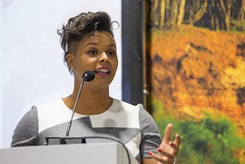 Canadian record football player Karina LeBlanc at the launch of the UN Sports for Climate Action Initiative at the COP24 climate change conference in Katowice, Poland.