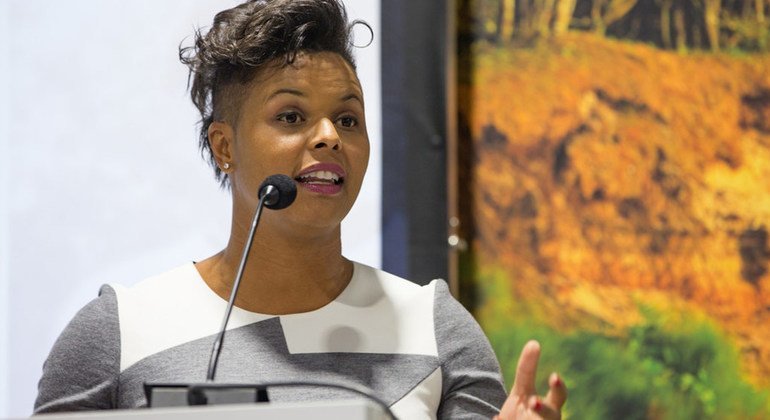 Canadian record football player Karina LeBlanc at the launch of the UN Sports for Climate Action Initiative at the COP24 climate change conference in Katowice, Poland.