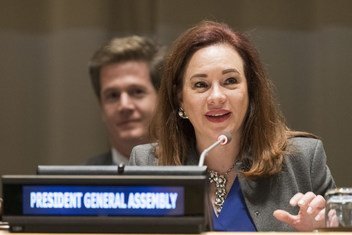 María Fernanda Espinosa Garcés, President of the seventy-third session of the General Assembly, addresses an event to mark the Global Compact on Refugees, entitled “A Model for Greater Solidarity and Cooperation.