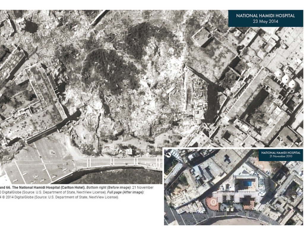 叙利亚阿勒颇古城的国家哈米迪医院。2010年和2014年，在叙利亚持续冲突之前和之后，卫星成像显示的原址和被摧毁后的遗址