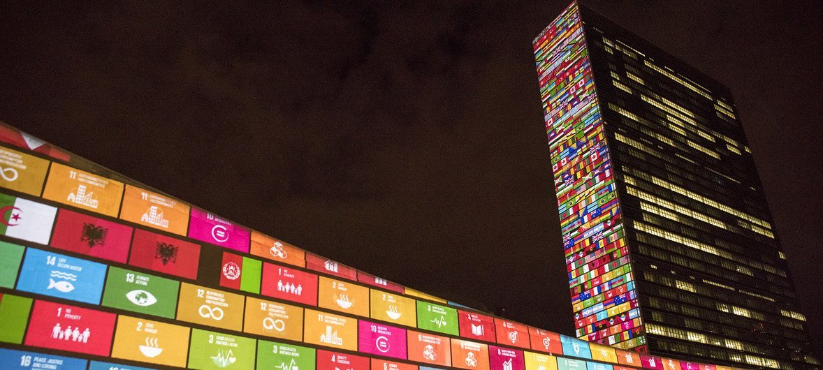 The Sustainable Development Goals projected onto UN Headquarters, in New York.