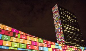 The 17 Sustainable Development Goals projected on UN headquarters, New York, 2015. 